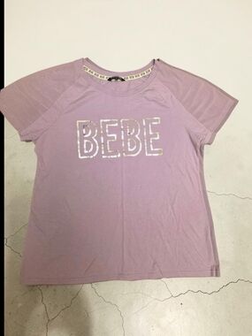 Bebe Sport Pink Sequin Logo Tee Shirt Mesh Raglan Sleeve Top Women's Large